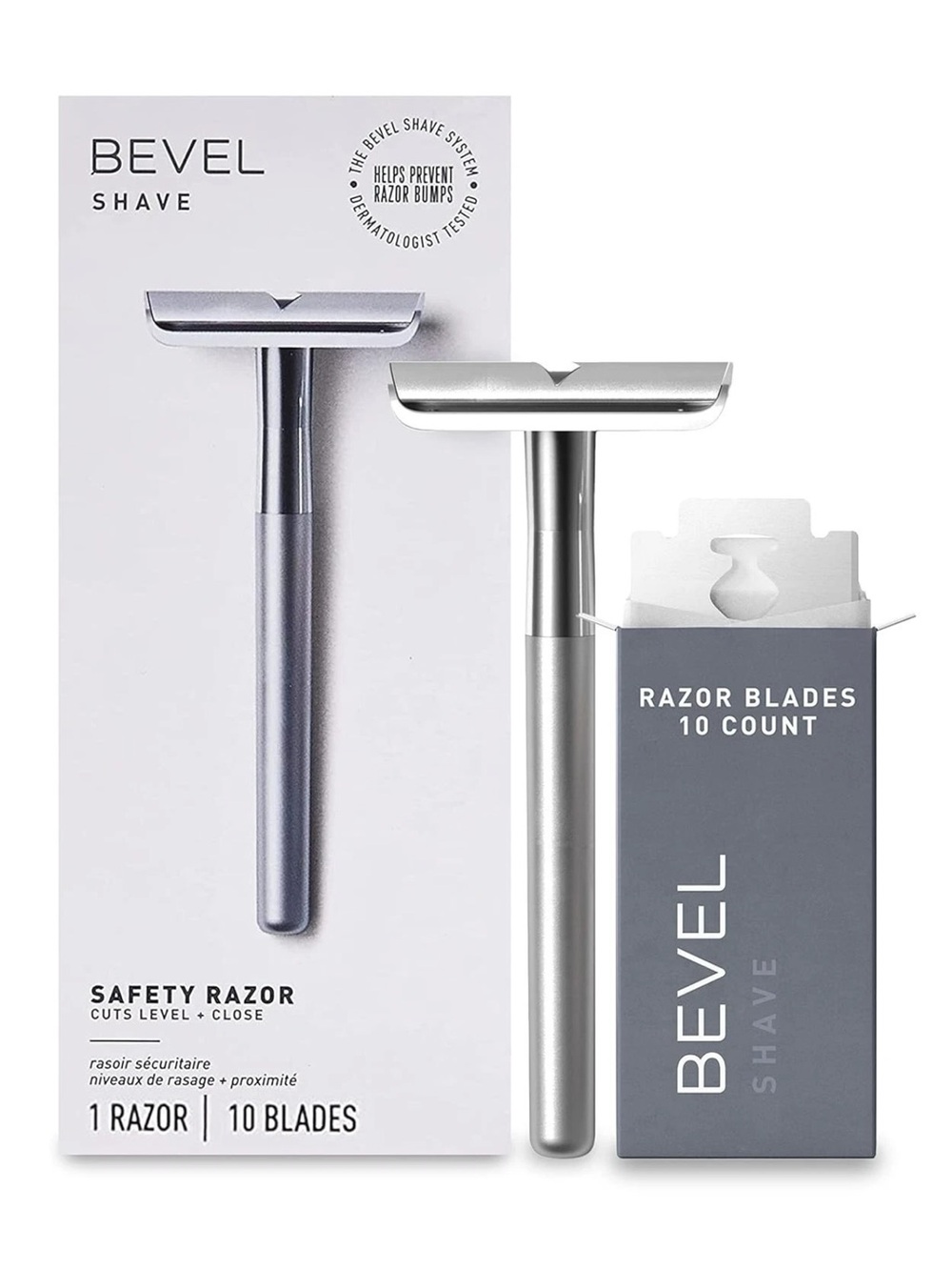 Bevel Men's Safety Razor Brass Handle Razor 10 Double Edge Blades Silver Refills